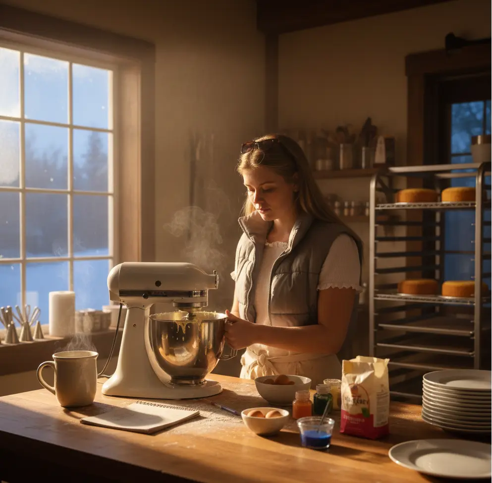 Cukiernik przygotowuje tort o świcie w magicznym, oświetlonym oknem świetle, miksując krem w robocie kuchennym.